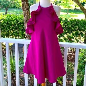 Magenta Badgley Mischka Kieran Ruffle Halter Dress